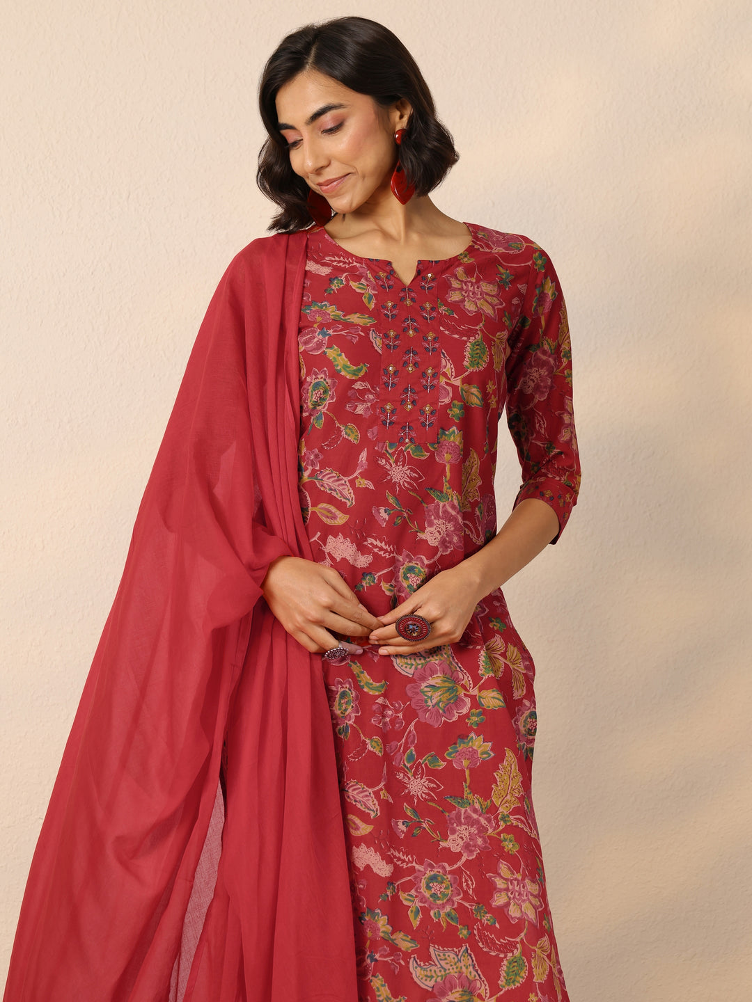 Red Printed Cotton Straight Suit Set With Dupatta
