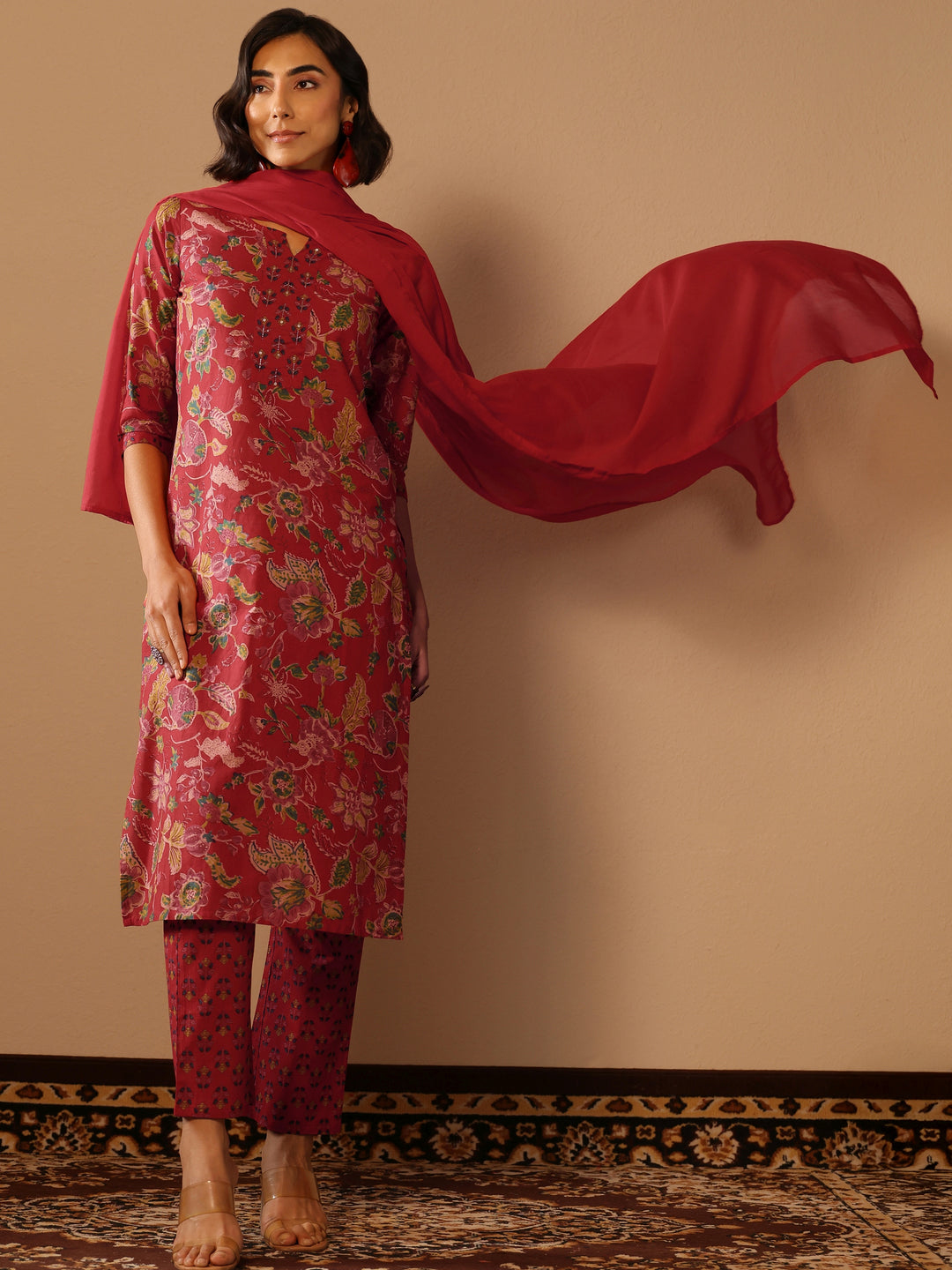 Red Printed Cotton Straight Suit Set With Dupatta