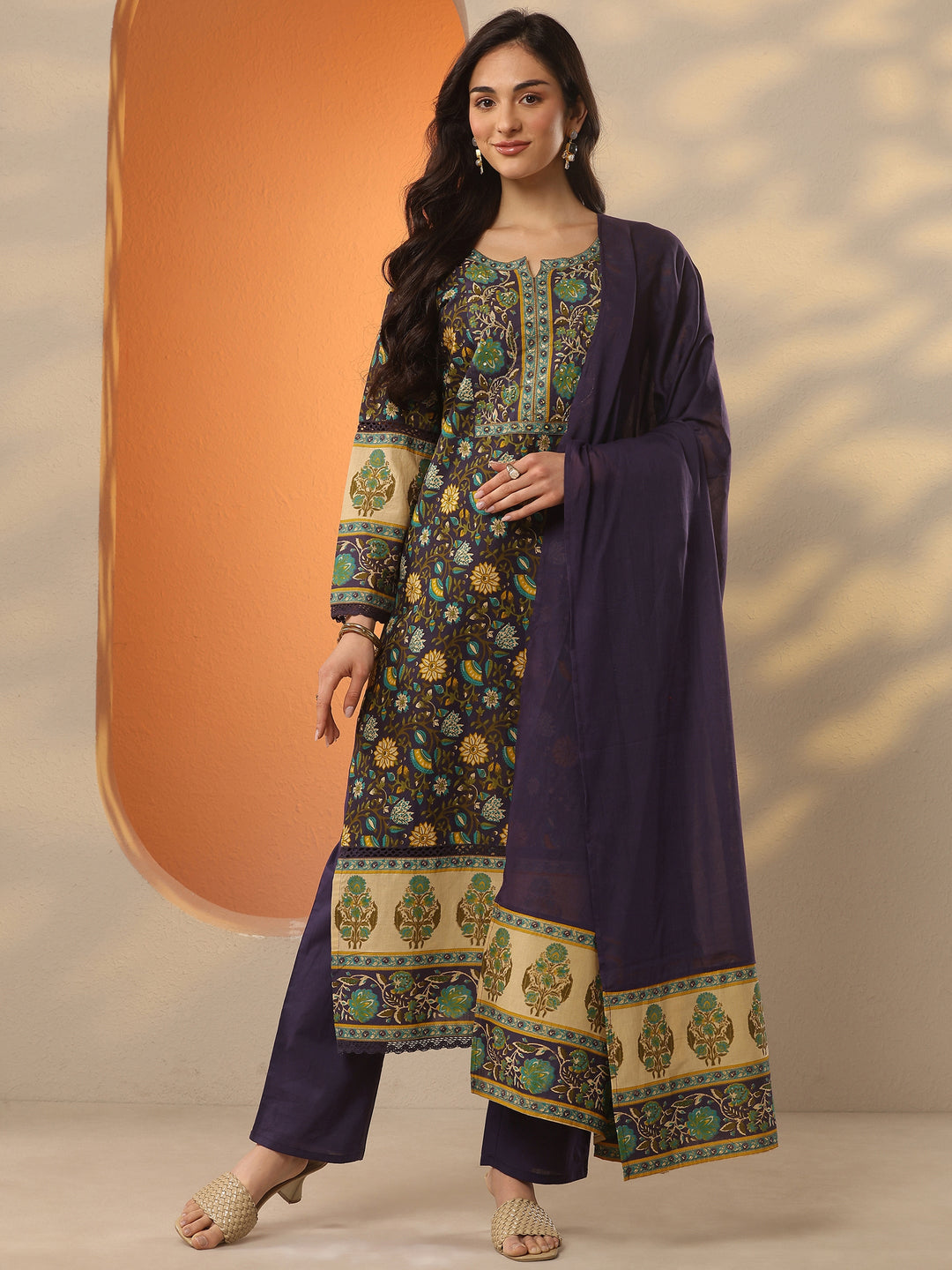 Purple Printed Cotton Straight Suit Set With Dupatta