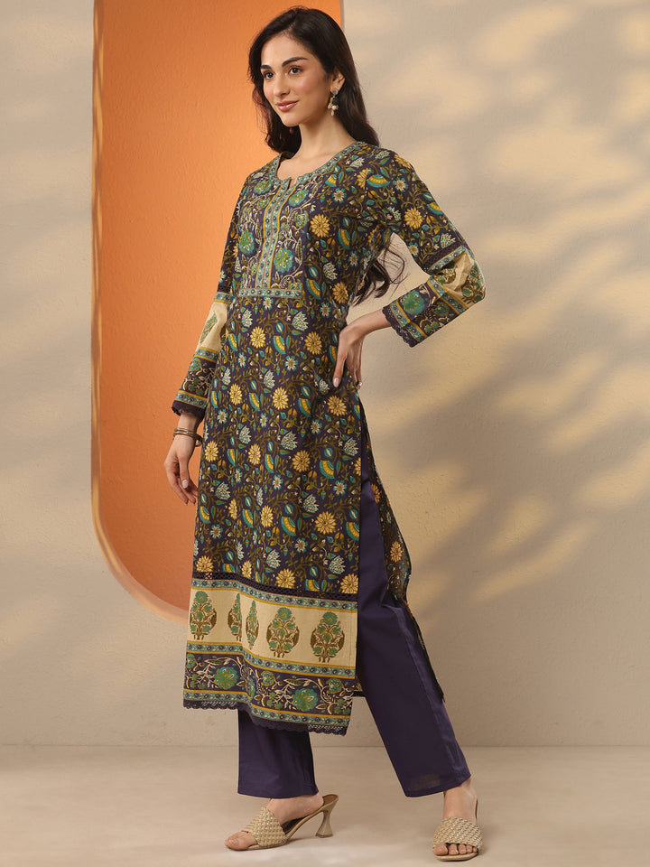 Purple Printed Cotton Straight Suit Set With Dupatta