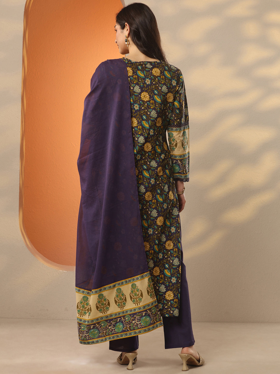 Purple Printed Cotton Straight Suit Set With Dupatta