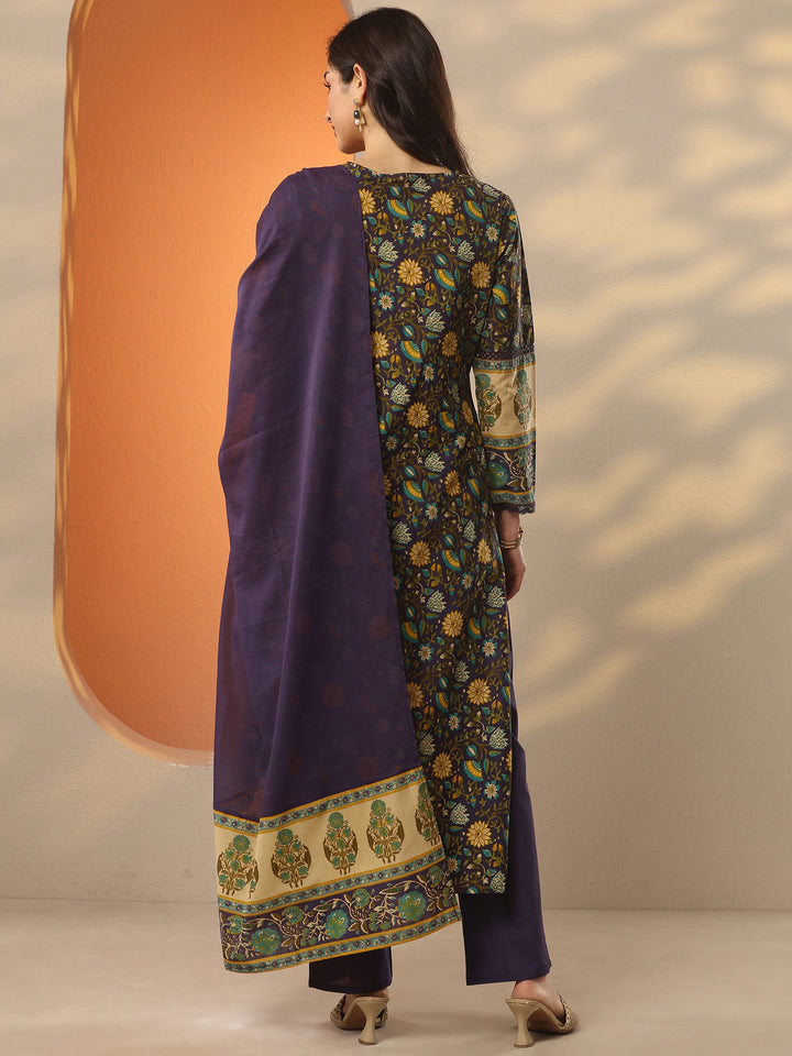 Purple Printed Cotton Straight Suit Set With Dupatta