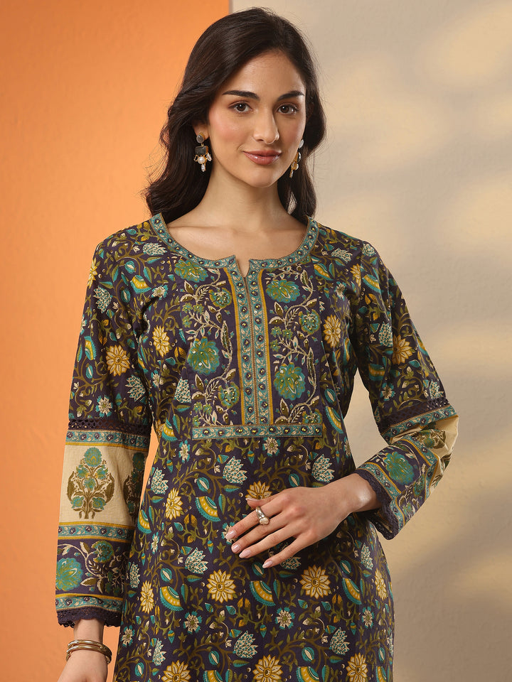 Purple Printed Cotton Straight Suit Set With Dupatta