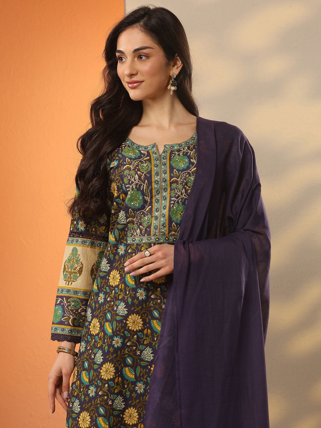 Purple Printed Cotton Straight Suit Set With Dupatta