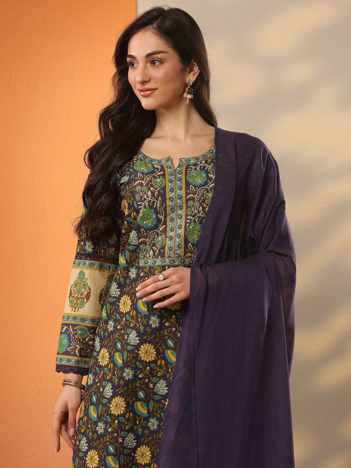 Purple Printed Cotton Straight Suit Set With Dupatta