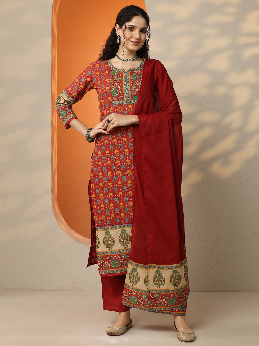 Red Printed Cotton Straight Suit Set With Dupatta