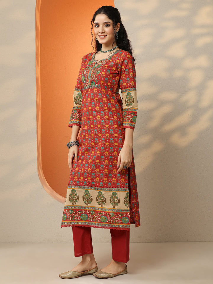 Red Printed Cotton Straight Suit Set With Dupatta