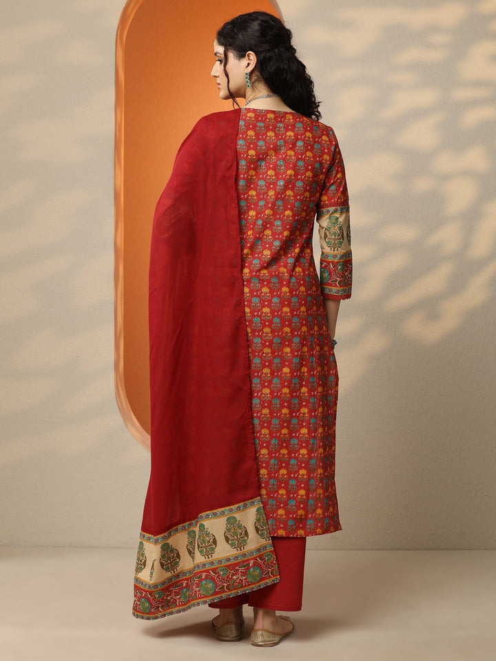 Red Printed Cotton Straight Suit Set With Dupatta