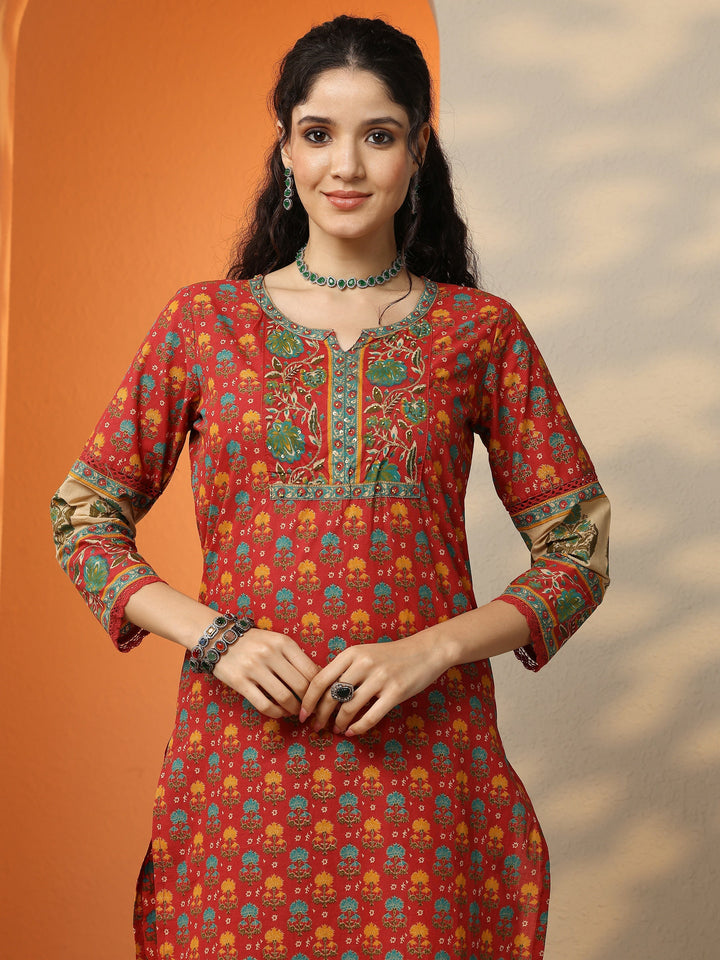 Red Printed Cotton Straight Suit Set With Dupatta