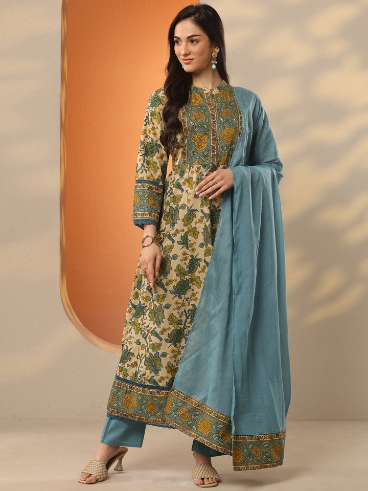 Beige Printed Cotton Anarkali Suit Set With Dupatta
