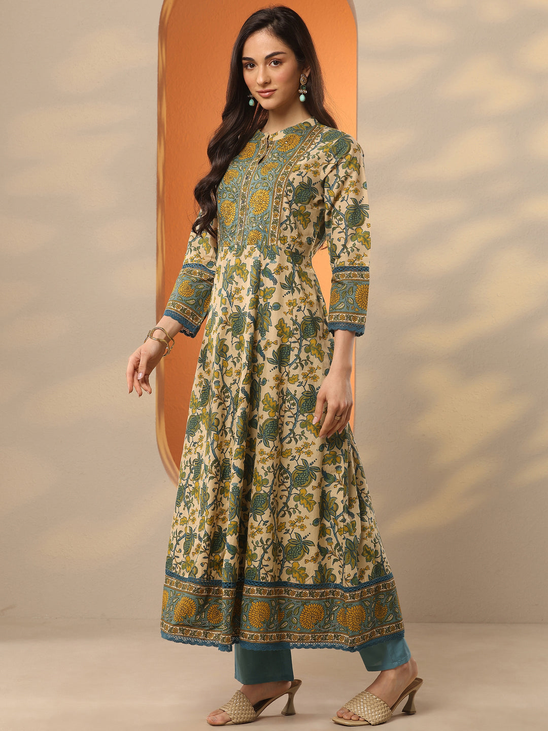 Beige Printed Cotton Anarkali Suit Set With Dupatta