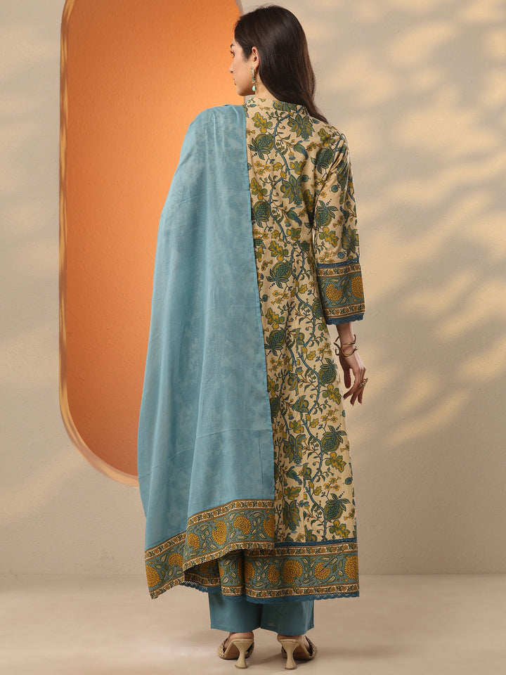 Beige Printed Cotton Anarkali Suit Set With Dupatta