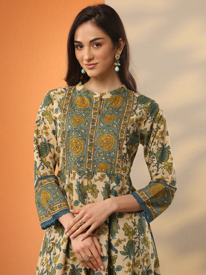 Beige Printed Cotton Anarkali Suit Set With Dupatta