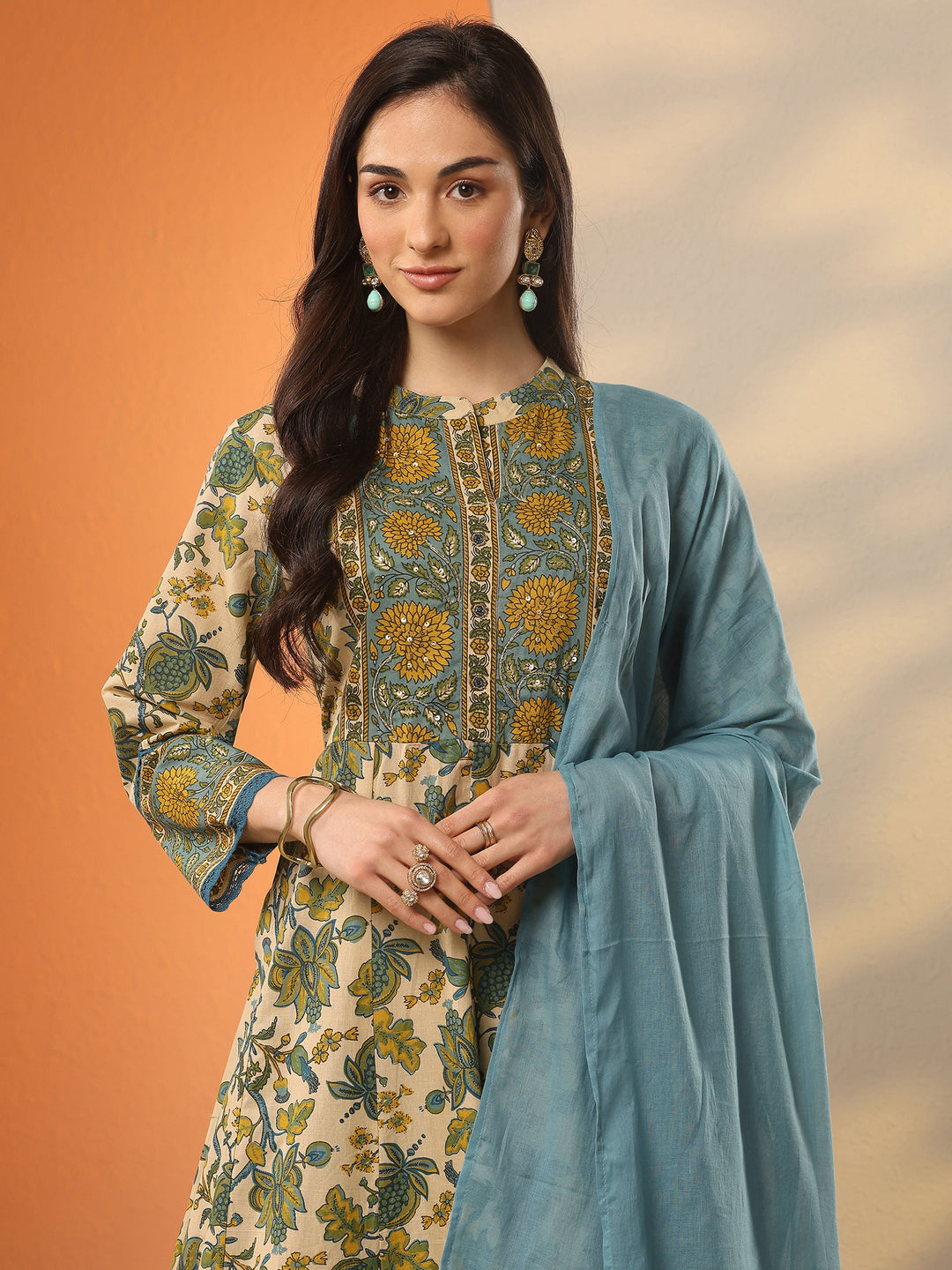 Beige Printed Cotton Anarkali Suit Set With Dupatta