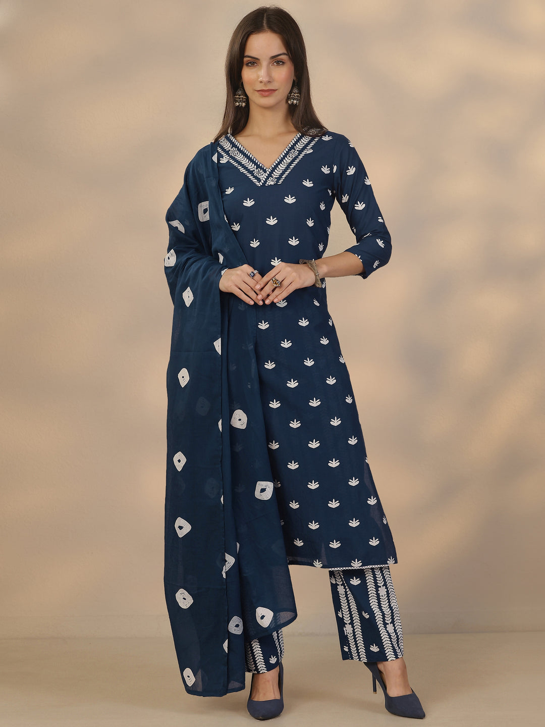 Blue Printed Cotton Straight Suit Set With Dupatta