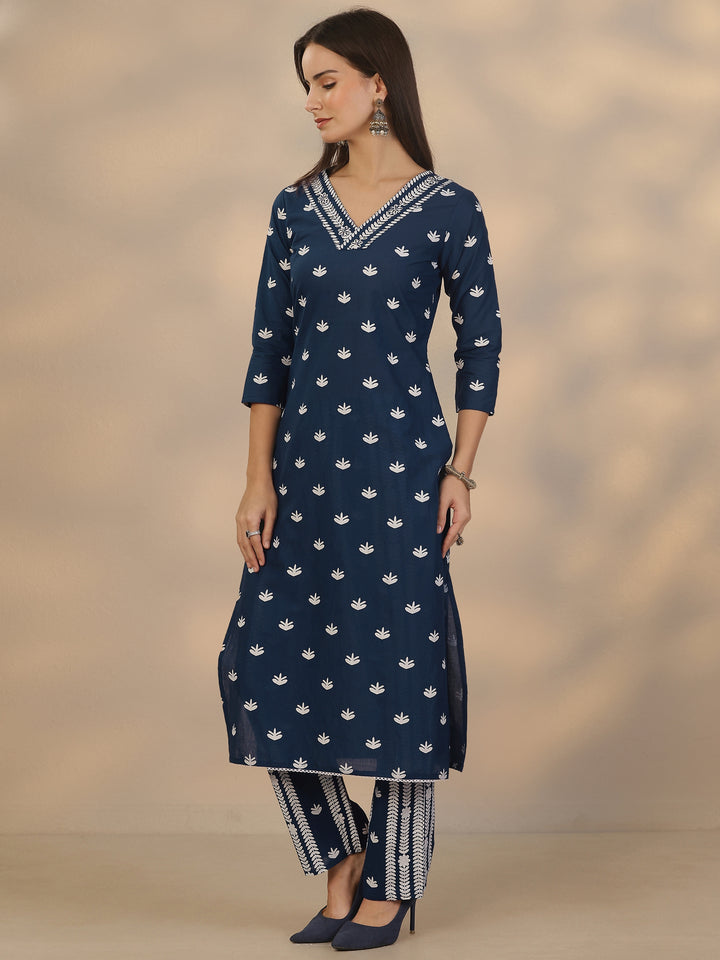 Blue Printed Cotton Straight Suit Set With Dupatta