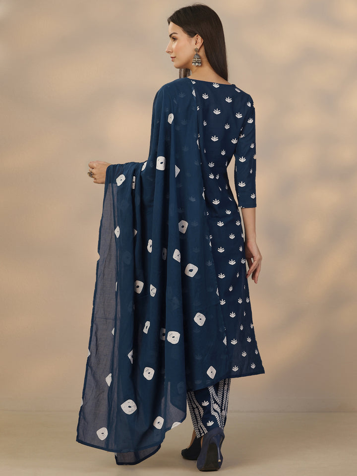 Blue Printed Cotton Straight Suit Set With Dupatta