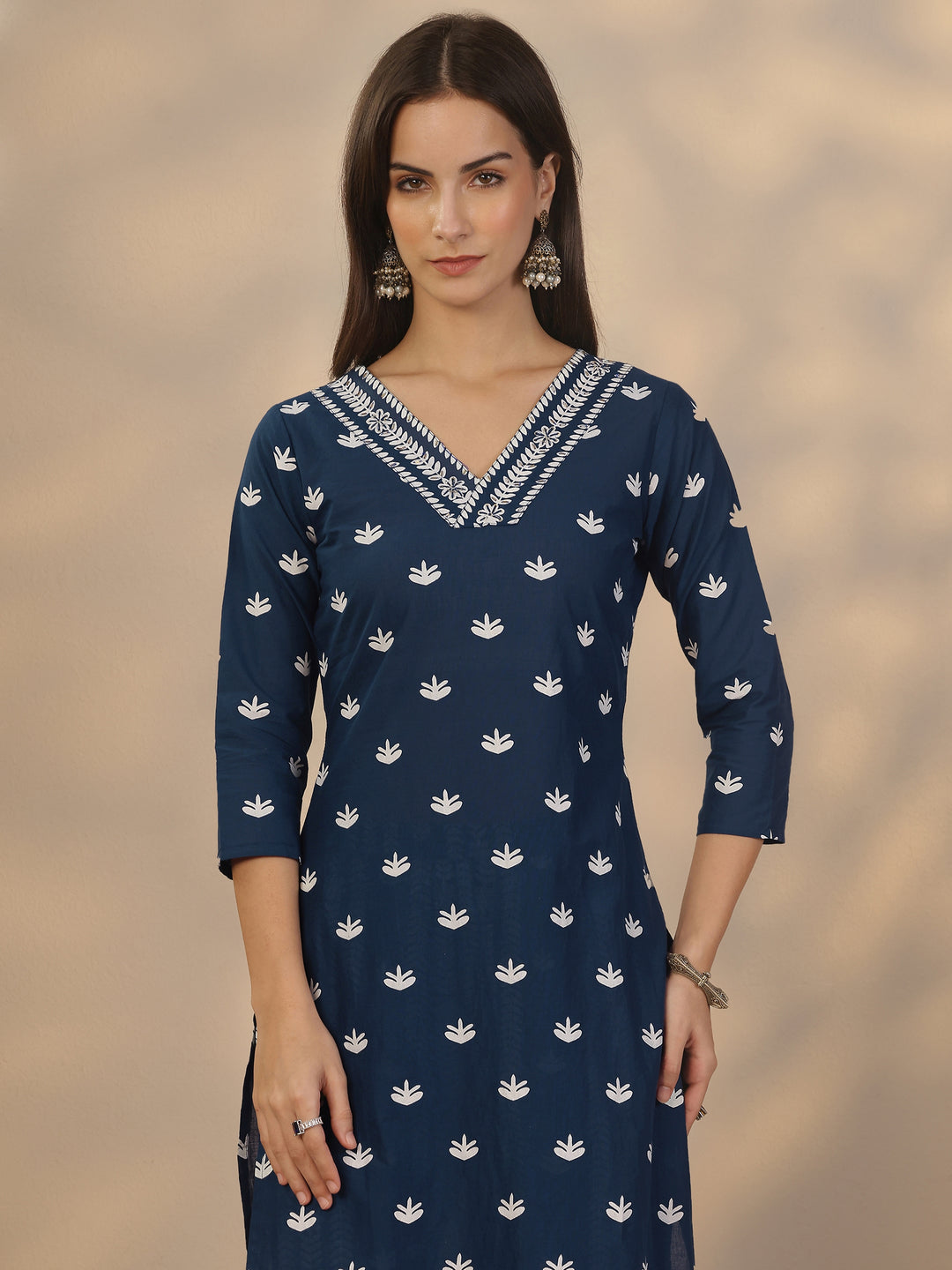 Blue Printed Cotton Straight Suit Set With Dupatta
