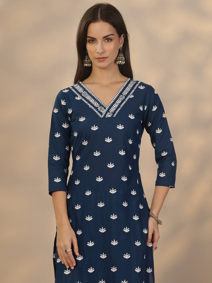 Blue Printed Cotton Straight Suit Set With Dupatta