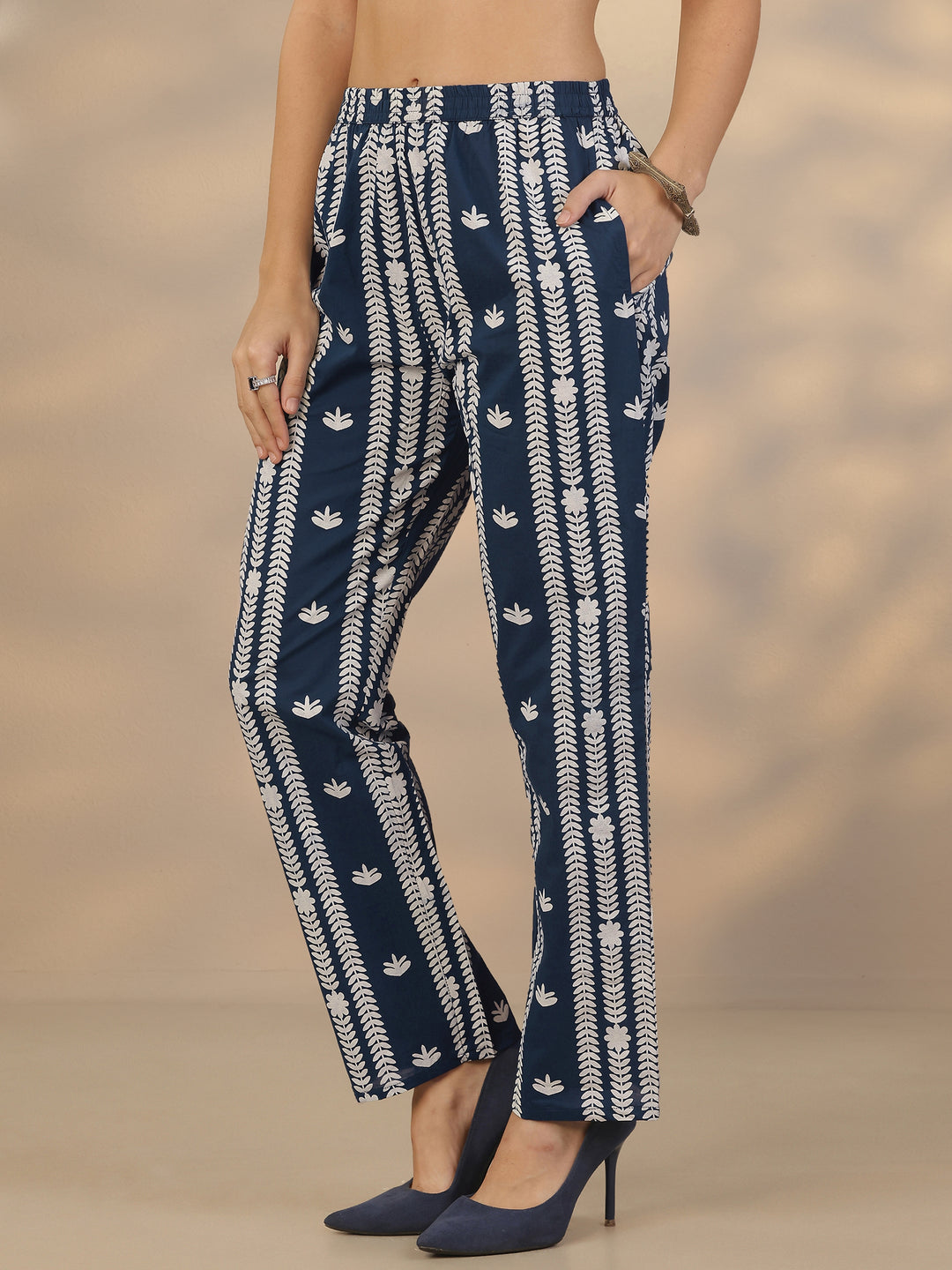 Blue Printed Cotton Straight Suit Set With Dupatta