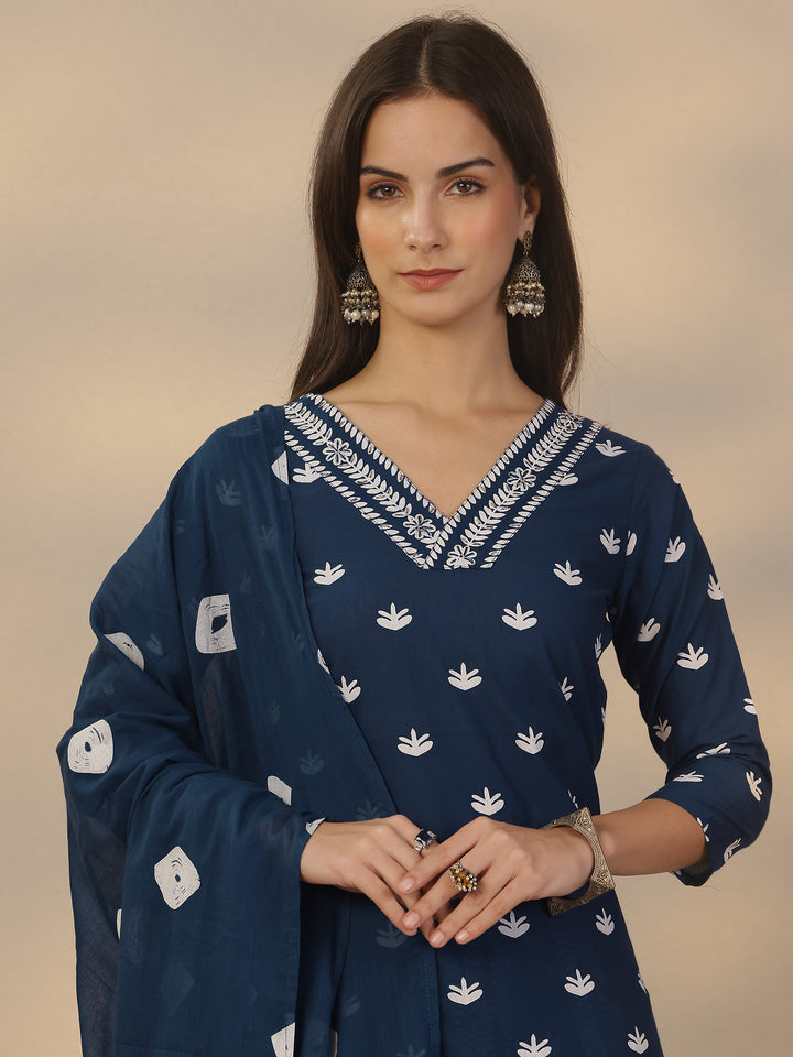 Blue Printed Cotton Straight Suit Set With Dupatta