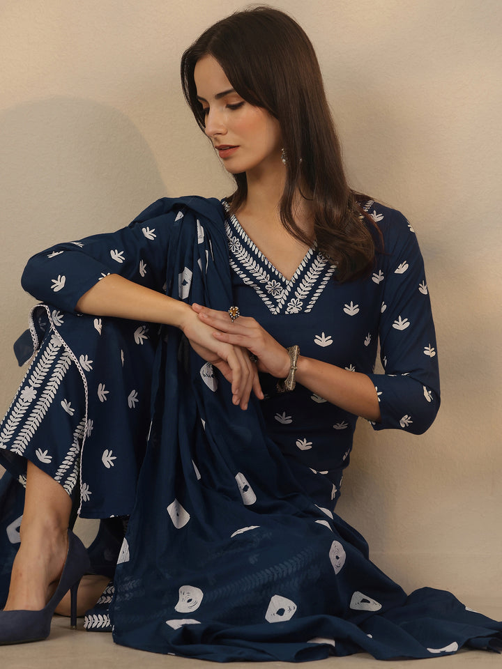 Blue Printed Cotton Straight Suit Set With Dupatta