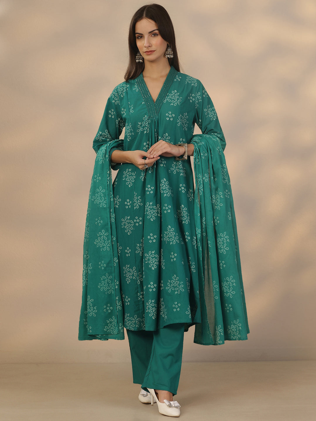 Green Printed Cotton Anarkali Suit Set With Dupatta