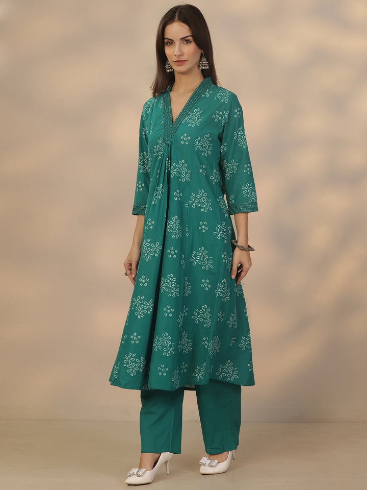 Green Printed Cotton Anarkali Suit Set With Dupatta