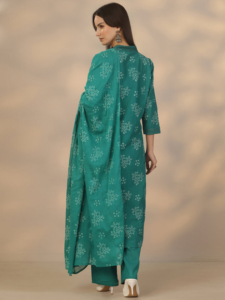Green Printed Cotton Anarkali Suit Set With Dupatta