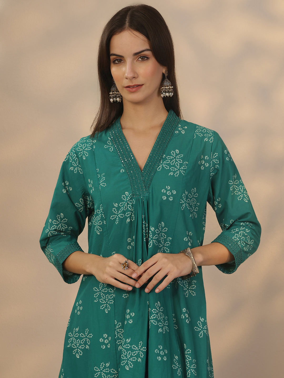 Green Printed Cotton Anarkali Suit Set With Dupatta