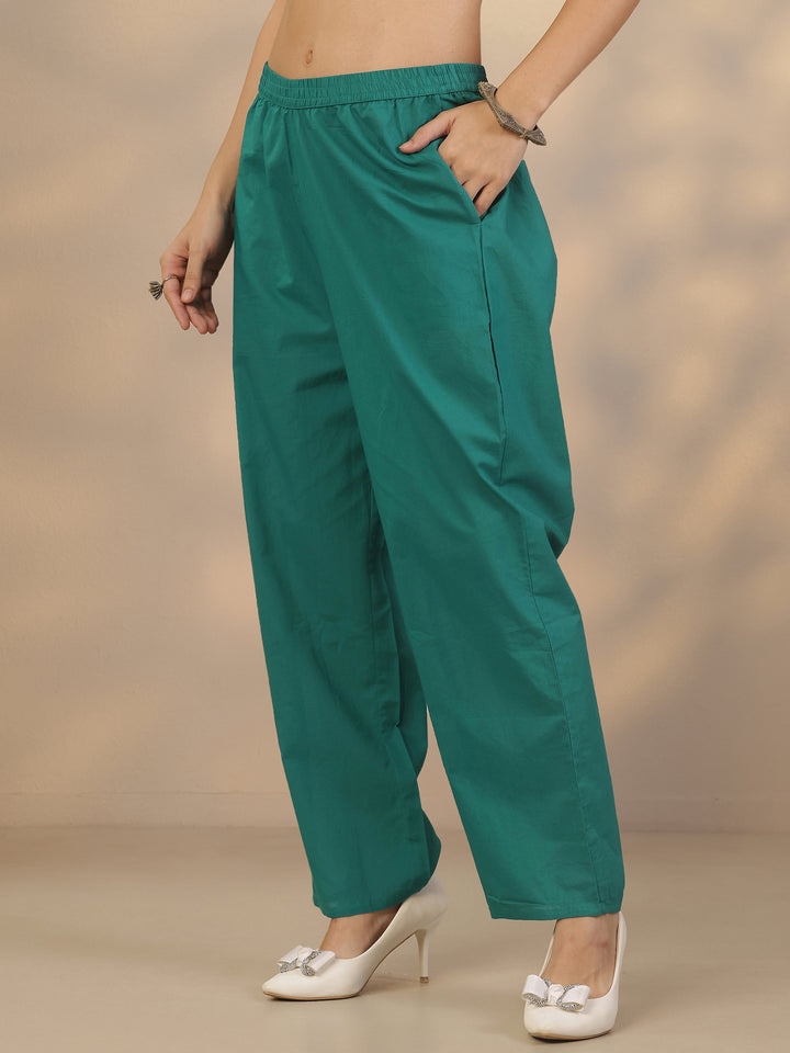 Green Printed Cotton Anarkali Suit Set With Dupatta