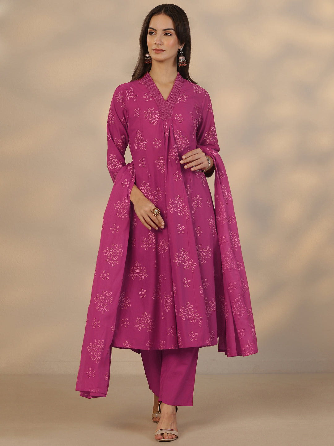 Pink Printed Cotton Anarkali Suit Set With Dupatta