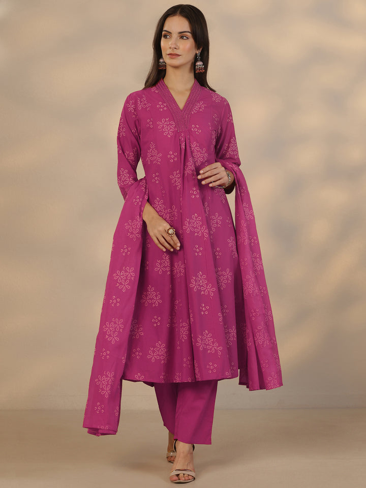 Pink Printed Cotton Anarkali Suit Set With Dupatta