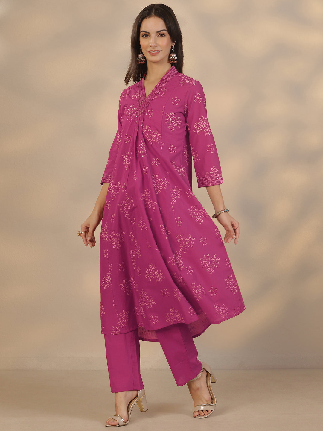 Pink Printed Cotton Anarkali Suit Set With Dupatta