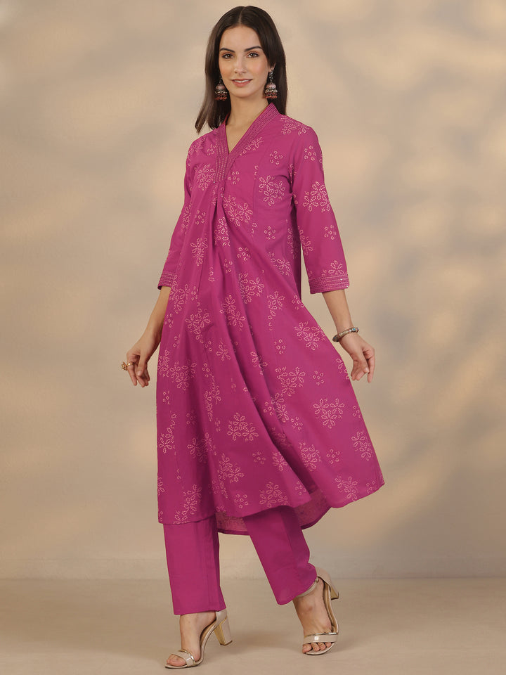 Pink Printed Cotton Anarkali Suit Set With Dupatta