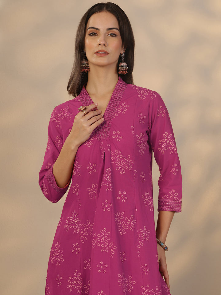 Pink Printed Cotton Anarkali Suit Set With Dupatta