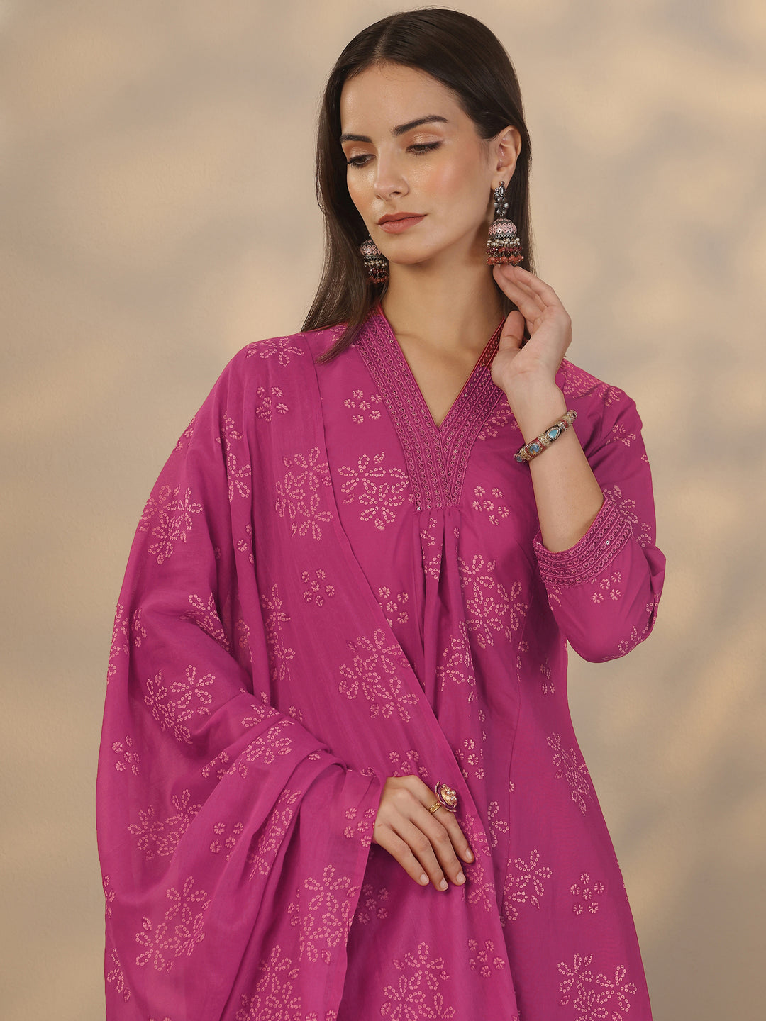 Pink Printed Cotton Anarkali Suit Set With Dupatta