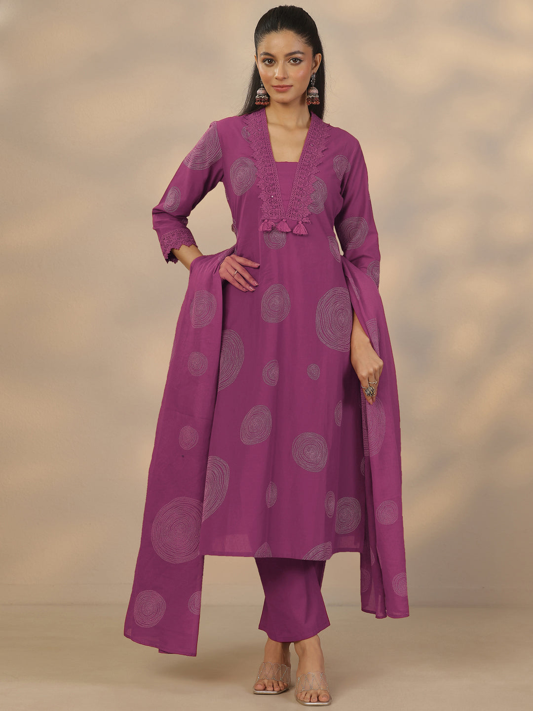 Mauve Printed Cotton Anarkali Suit Set With Dupatta