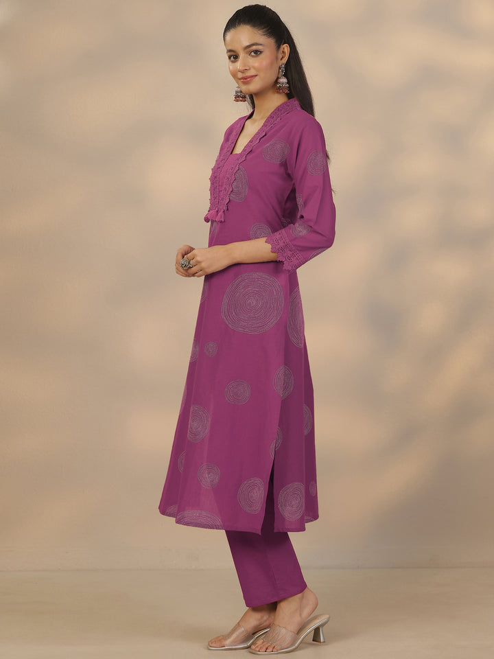 Mauve Printed Cotton Anarkali Suit Set With Dupatta