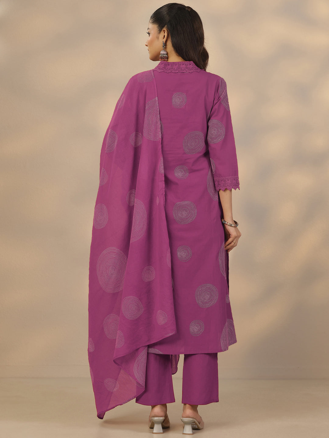Mauve Printed Cotton Anarkali Suit Set With Dupatta