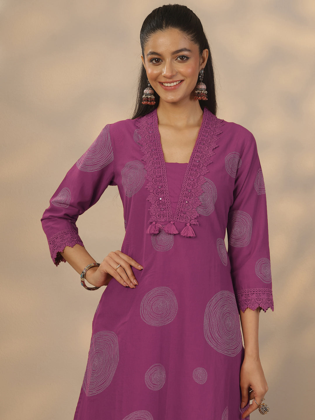 Mauve Printed Cotton Anarkali Suit Set With Dupatta