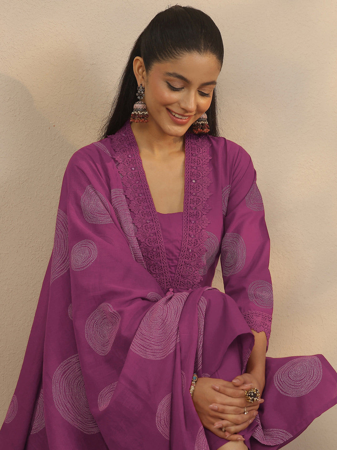 Mauve Printed Cotton Anarkali Suit Set With Dupatta