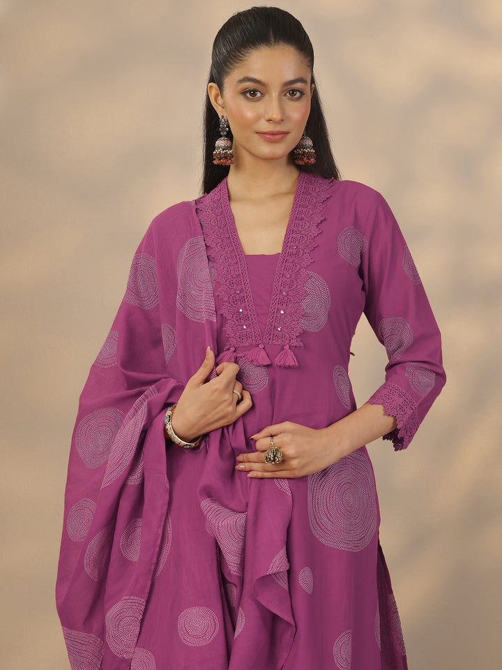 Mauve Printed Cotton Anarkali Suit Set With Dupatta