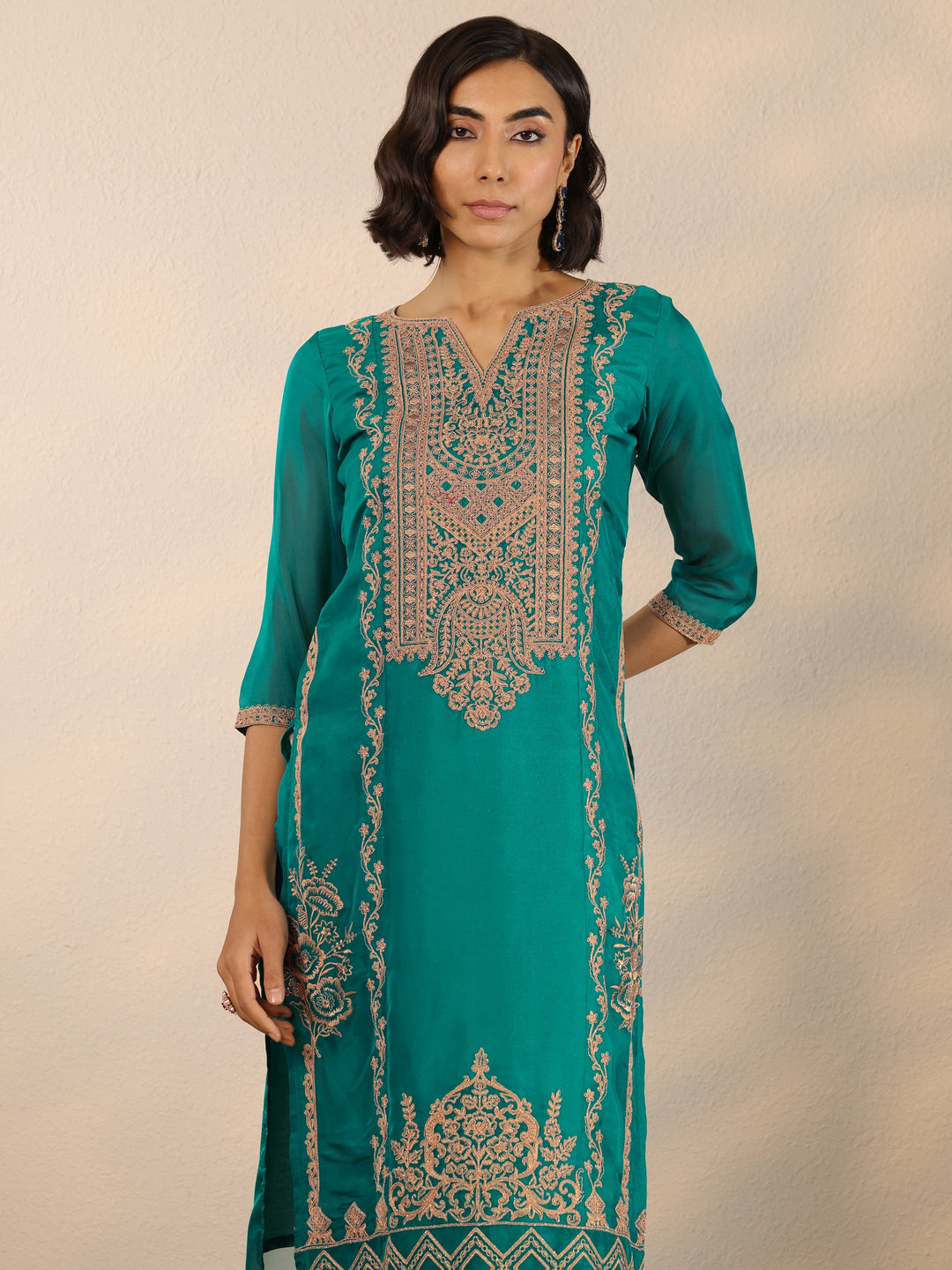 Green Embroidered Organza Straight Suit Set With Dupatta