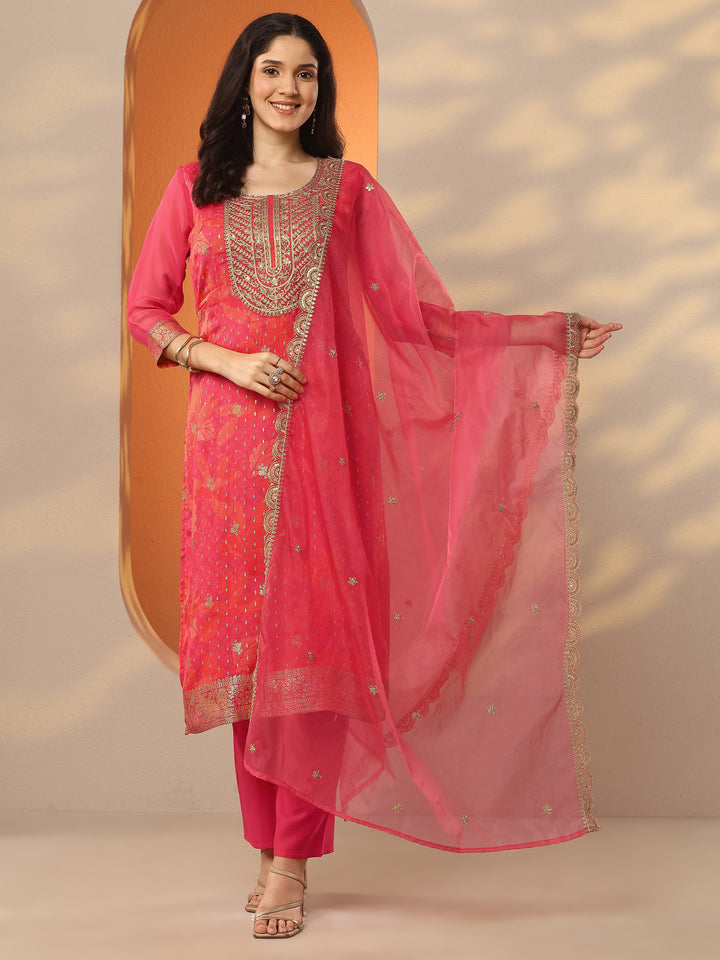 Pink Printed Silk Blend Straight Suit Set With Dupatta