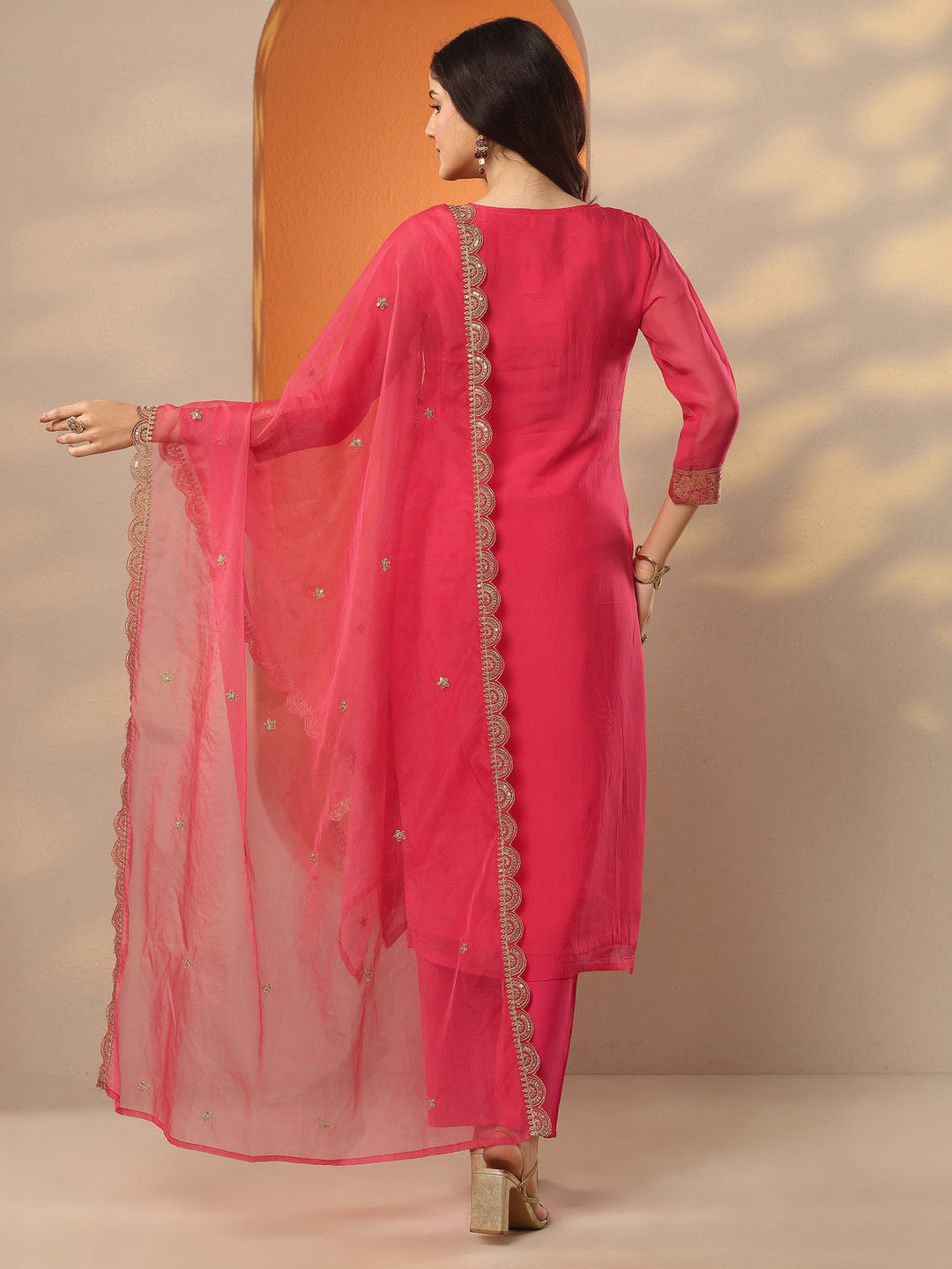 Pink Printed Silk Blend Straight Suit Set With Dupatta