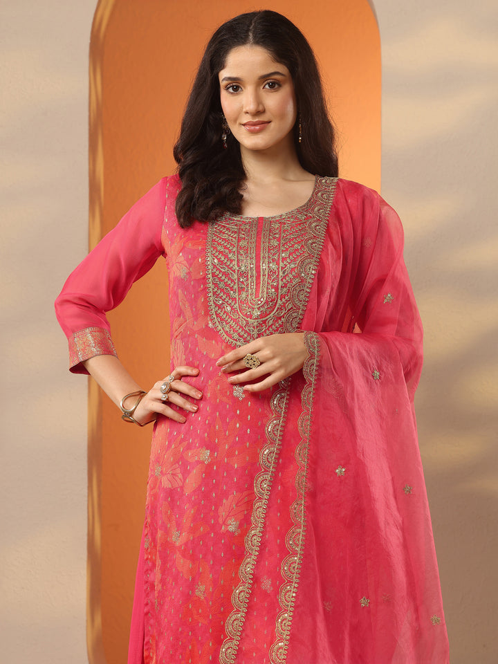 Pink Printed Silk Blend Straight Suit Set With Dupatta