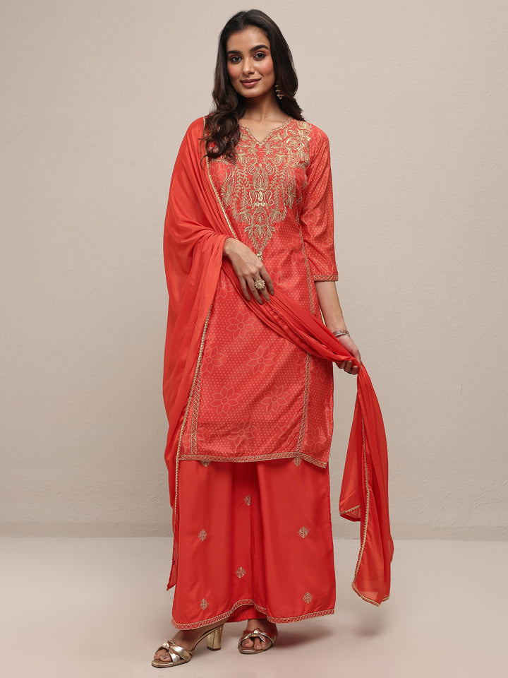Orange Printed Silk Blend Straight Suit Set With Dupatta