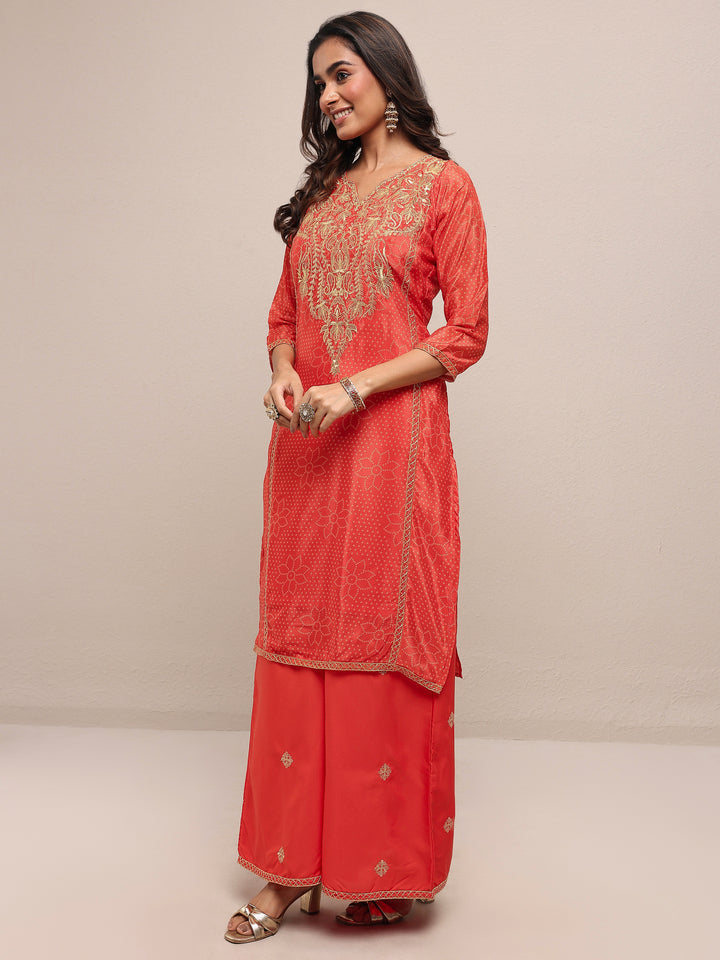 Orange Printed Silk Blend Straight Suit Set With Dupatta