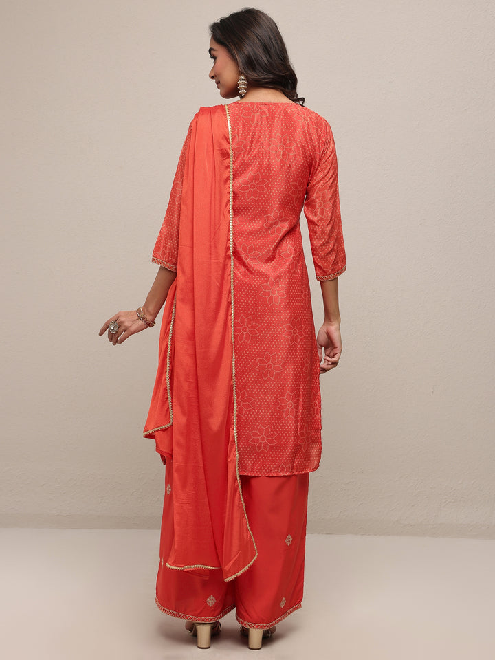 Orange Printed Silk Blend Straight Suit Set With Dupatta